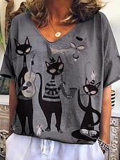 tanie koszulka graficzna-Damskie Podkoszulek Kwiaty Kot Moda Nowoczesny Codzienny Krótki rękaw W serek Zwykłe topy Codzienny Weekend Nadruk Czerwony Niebieski Zielony Szary Lato
