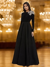 billiga SVART-Svart knytband A-linjeformad aftonklänning i sammet stretchig crêpe elegant klänning formell bröllopsklänning golvlång långärmad rund halsringning axelbandslös blommig med pärlficka 2025