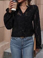 economico Top in Pizzo-Per donna Camicia Semplice Elegante Moderno Manica Lunga Scollo a V Top Regolari Quotidiano Ferie Rete Nero Primavera Autunno