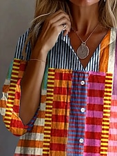 preiswerte Damen Streifen- und geometrische Oberteile-Damenhemden Langarm Blusen mit Knopfverschluss Grafik Geometrisch Gestreift Vintage Tropisch Alltag Hemd Kragen Reguläre Oberteile Arbeit Alltag Urlaub Knöpfe Print Regenbogen Sommer Frühling Herbst