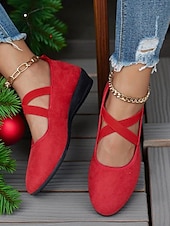 preiswerte Ballerinas für Damen-Rote Damen-Ballerinas aus Wildlederimitat mit gekreuzten Riemen – bequeme Mary-Jane-Schuhe mit niedrigem Keilabsatz für Weihnachtsfeiern, Herbstoutfits und entspannte Wochenendspaziergänge