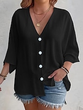 preiswerte Damen Einfache Oberteile-Damen Hemd Einfarbig Stilvoll Lässig Langarm V Ausschnitt Normale Oberteile Täglich Knöpfe Schwarz Weiß Orange Aprikose Sommer Frühling
