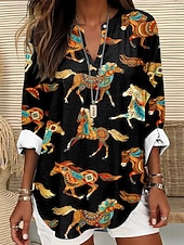 abordables Animaux Tops-Femmes Hauts d&#039;été Graphique Animal Damas ancien Tropical Hawaïen manche longue Col en V Hauts Réguliers Quotidien Fête Tenue de plage Imprimé Vert cendré Noir Gris Clair Été Printemps HORSE