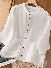 お買い得  シャツ-女性用 コットンリネンシャツ 純色 ベーシック カジュアル 七分袖 クルーネック レギュラートップス 日常 ポケット ボタン ホワイト ワイン グリーン カーキ色 夏 春 秋