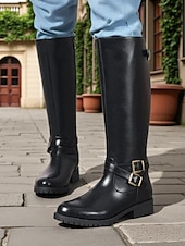 abordables Botas para montar-Botas de montar hasta la rodilla para mujer en color café con detalle de hebilla: botas clásicas de piel sintética de pantorrilla ancha para otoño, viajes y uso diario.