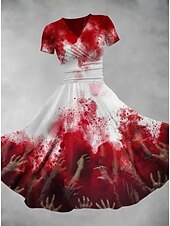 levne Halloweenské šaty-Halloween Dámské Midi Šaty A-Liniové Šaty Letní Šaty Fit a Flare Party Casual Denní Prázdny Regular Fit Graphic Abstraktní Krátký rukáv V výstřih Tmavě zelená Bílá Vínová červená Léto Podzim
