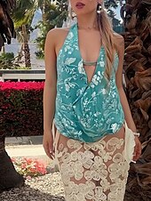 billige Sexy topper for kvinner-Dame Bluse Blomsternål i krystall Stilfull Moderne Ermeløs V-hals Vanlige topper Daglig Ut på byen Trykt mønster Åpen rygg Brun Grønn Sommer