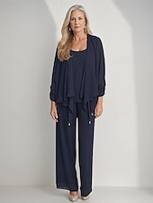 cheap Mom&#039;s Pant Suits-3 Piece Mother of the Bride Pantsuits Elegant Simple Luxurious Square Neck Floor Length Chiffon 3/4 Length Gathered Sleeve with Crystals Cascading Ruffles 2025