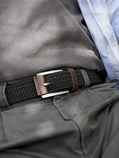 levne Pánské opasky-Pánský elastický pletený opasek – nastavitelný tkaný polyesterový opasek s koženým lemováním a kovovou sponou pro běžné nošení, golf a outdoorové aktivity