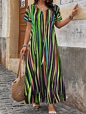 abordables Robes Rayés et Géométriques-Femmes Robe maxi Robe trapèze Occasionnel Extérieur Plage Coupe Ample Rayure Manche Courte Col en V Rose Claire Rouge Bleu Violet Été Printemps