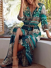 cheap Boho Dress-Women&#039;s Maxi Dress Casual Dress Boho Chic Dresses Boho Dress Bohemia Cute Stylish Vacation Daily Beach Loose Fit Graphic 3/4 Length Sleeve V Neck Black Wine Blue Summer Spring Fall