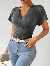 voordelige Sexy topjes voor dames-Dames Zomer tops Effen Stijlvol Modern Korte mouw V-hals Normale tops Dagelijks Feestdagen Met ruches blauw Grijs Zomer