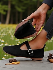 preiswerte Damenhausschuhe und -halbschuhe-Ballerinas für Damen mit breiter Zehenpartie aus Wildlederimitat und verstellbarem Riemen – bequeme Freizeitschuhe für Garten, Park und Spaziergänge im Freien