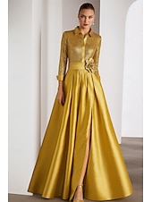 economico Vestiti da sera-Abito da sera A-Line con cravatta nera Abito elegante formale da matrimonio lunghezza fino al pavimento maniche lunghe colletto camicia mantelle in satin con pieghe glitter