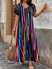 abordables Robes Rayés et Géométriques-Femmes Robe maxi Robe trapèze Occasionnel Extérieur Plage Coupe Ample Rayure Manche Courte Col en V Rose Claire Rouge Bleu Violet Été Printemps