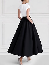 Недорогие Коктейльные платья-А-силуэт До щиколотки коктейльные платья Платья для вечеринок Элегантный стиль Цветовые блоки Шелковистость С короткими рукавами V-образный вырез Официальные Свадьба Карман Сатин с Карман