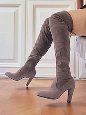 abordables Bottes à la mode-bottes cuissardes en daim gris pour femme à talons hauts - bottines cuissardes chics et élégantes pour les sorties à la mode et les tenues de soirée