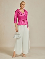 abordables Hauts habillés-Femmes Chemisier Hauts de soirée Élégant Métallique Moderne Manche 3/4 Col en V Hauts Réguliers robe demoiselle d honneur Soirée Semi-Formel Nœud devant Fuchsia Printemps, Automne, Hiver, Été