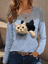 お買い得  動物のTシャツ-女性用 Tシャツ グラフィック 動物 猫 ヴィンテージ スタイリッシュ クラシック 長袖 Ｖネック レギュラートップス 日常 切り抜き プリント ブルー パープル グリーン カーキ色 春 秋