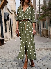 abordables Robe Rayée et Géométrique-Femmes Robe maxi Robe fourreau Vacances Occasionnel Quotidien Coupe régulière À pois manche longue Col de chemise Vert militaire Noir Rouge Bleu Été Printemps