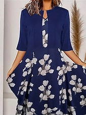tanie kwiatowa sukienka-Damskie Zestaw sukienek Sukienka A line Letnie sukienki Codzienny Sukienki półformalne Kwiaty Graficzny Nadruk Sukienka midi Rękaw 1/2 Półgolf Urlop Randka Granatowy Lato Wiosna Regularny