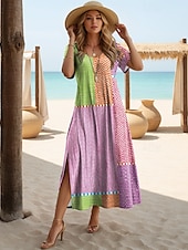 cheap Stripe&amp;Geometric Dress-Women&#039;s Maxi Dress T Shirt Dress Tee Dress Sundress Shift Dress Vacation Casual Beach Party Beach Regular Fit Geometric Stripe Short Sleeve Crewneck Yellow Pink Red Blue Summer Spring
