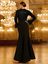 cheap RED-Red Black Tie Sequin Mermaid Evening Gown Elegant Dress Formal Wedding Floor Length Long Sleeve Crew Neck Stretch Crepe with Feather