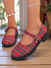cheap Women&#039;s Flats-Women&#039;s Red Plaid Mary Jane Flats - Chunky Sole Tartan Shoes with Buckle Strap, Casual School Style for Teens and Fall Outfits