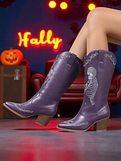 abordables Para mujeres-Botas vaqueras azules occidentales para mujer con bordado de esqueleto rosa: botas de media pantorrilla con tacón grueso para disfraz gótico de Halloween, ideal para cosplay, conciertos y festivales