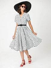 levne Šaty-Retro 50. léta Rockabilly Ke kolenům Houpací šaty Flare šaty Košilové šaty S páskem Puntíky Maškarní kostým Dámské Karneval Plesová maškaráda Dovolená Večírek Na den Dospělé Šaty Jaro léto