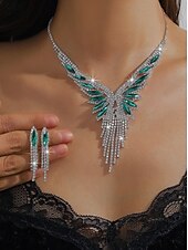 economico Collana da donna-Set di gioielli di lusso in cristallo da donna: collana placcata in argento e orecchini pendenti con accenti di pietre preziose verdi, eleganti accessori per cocktail e feste serali