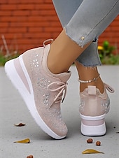 abordables Baskets femme-Baskets compensées Flyknit roses pour femmes avec détails en strass – Chaussures de sport légères et respirantes pour une tenue décontractée et la marche