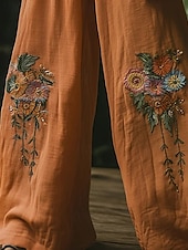 cheap Wide Leg &amp; High Waisted-Women&#039;s Wide Leg Pants Trousers Palazzo Pants Fashion Boho Full Length High Waist Flower Elastic Waist Print Breathability Comfortable Street Daily Wear Going out Orange Spring Fall Regular Fit