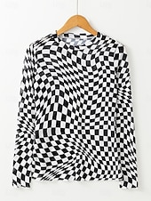 preiswerte Damen Streifen- und geometrische Oberteile-Damen Bluse Karomuster Stilvoll Lässig Langarm Rundhalsausschnitt Normale Oberteile Täglich Druck Schwarz Rosa Aprikose Sommer Frühling Herbst