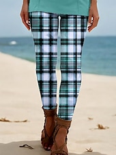 abordables -Femmes Leggings Vacances ancien Style Ethnique Longueur complète Taille haute Graphique À carreaux Impression 3D Respirabilité Doux Confortable Élastique Extérieur Vacances Maison Bordeaux Bleu œuf