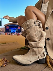 abordables Cowboy et bottes occidentales-Bottes de cowboy en daim souples pour femmes - Bottes mi-mollet à boucle western avec talon bas, chaussures d&#039;équitation décontractées pour l&#039;extérieur et les festivals de musique