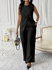 billiga breda ben och hög midja-Dam Elegant Mode Byxuppsättningar Bolero Top Ärmlös Rund hals Ensfärgat Semester Ledigt / vardag Svart Vit Rubinrött Sommar Normal