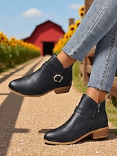 abordables Botines-Botines marrones de piel sintética para mujer: botines de tacón bajo con hebilla y cremallera lateral para salidas de otoño, paseos por el campo y uso diario.