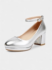 abordables Estilo Disco y Hippie de los años 70-Zapatos de tacón cuadrado con plataforma dorada para mujer, años 80: zapatos de fiesta retro con tira en el tobillo y punta redonda brillante para discotecas, bailes y cócteles.