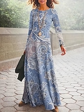 tanie Sukienka boho-Damskie Sukienka maxi Sukienka t-shirtowa Sukienka A line Letnie sukienki Urlop Codzienny Styl plażowy Codzienny Regularny Graficzny W Tureckie Wzory Długi rękaw Półgolf Niebieski Żółtobrązowy Szary