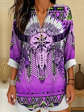 preiswerte Damen Boho Tops-Damenshirt Langarm Tunika Tops Grafik Geometrisch Totenkopf Bohemia Vintage Tropisch V-Ausschnitt Regelmäßige Tops Täglicher Urlaub Strandmode Druck Gelb Rot Blau Lila Grün Sommer Frühling