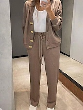 voordelige Blousepakken voor dames-Dames Actief Streetwear Blouse Broeken Sets Lange mouw V-hals Effen Kleur Vakantie Alledaagse kleding Zwart Leger Groen Stoffig blauw Herfst Normale pasvorm