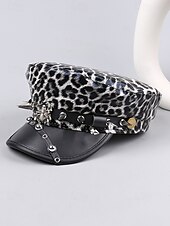 baratos Acessórios fashions-Boné militar feminino com estampa de leopardo para Halloween – chapéu gótico punk de couro sintético com pontas e tachas de aranha, acessório para festa à fantasia e cosplay para uma noite assustadora