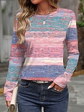 abordables T-shirt Art &amp; Design-T-shirt Femme Manches Longues Col Rond Tunique Ombre Décontracté Hauts Classiques Imprimé Quotidien Rose Bleu Violet Vert Printemps Automne Préautomne
