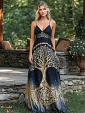 economico Abiti Boho-Abito lungo da donna con albero della vita, estivo, a trapezio, sottoveste, casual, per le vacanze, per uscire, in spiaggia, vestibilità regolare, grafico, tribale, etnico, senza maniche, scollo a V,