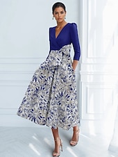 economico Abiti da cocktail-Abiti da cocktail a trapezio in jacquard floreale, eleganti, abiti da cerimonia, da sposa, lunghezza tè, lunghezza midi, maniche a 3/4, scollo a V, crêpe elasticizzata con fiocco(i), pieghe, tasca