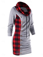ieftine Rochie cu dungi și geometrică-Rochie cu glugă pentru femei rochie midi rochie tip shift casual vacanță ieșire regular fit tartan mânecă lungă guler înalt negru gri primăvară toamnă iarnă