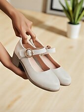 levne Block Heels-Dámské Podpatky Bílé boty Kancelář Práce Přezky Blokovat patu Oblá špička Pohodlné Chůze Kůže Spona Černá Béžová