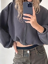 billige Teksturert hettegensere og sweatshirt-Dame Pullover hettegenser-genser Hettegensere med glidelås عادي Gatemote Fritid Langermet Med hette Vanlige topper Gate Ferie Glidelås Svart Lysegrå Grå Høst Vinter
