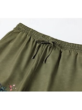  Pantalon large pour femme style bohème, longueur totale, imprimé floral naturel, poches, cordon de serrage élastique, confortable, extérieur, vacances, week-end, vert, été, coupe régulière